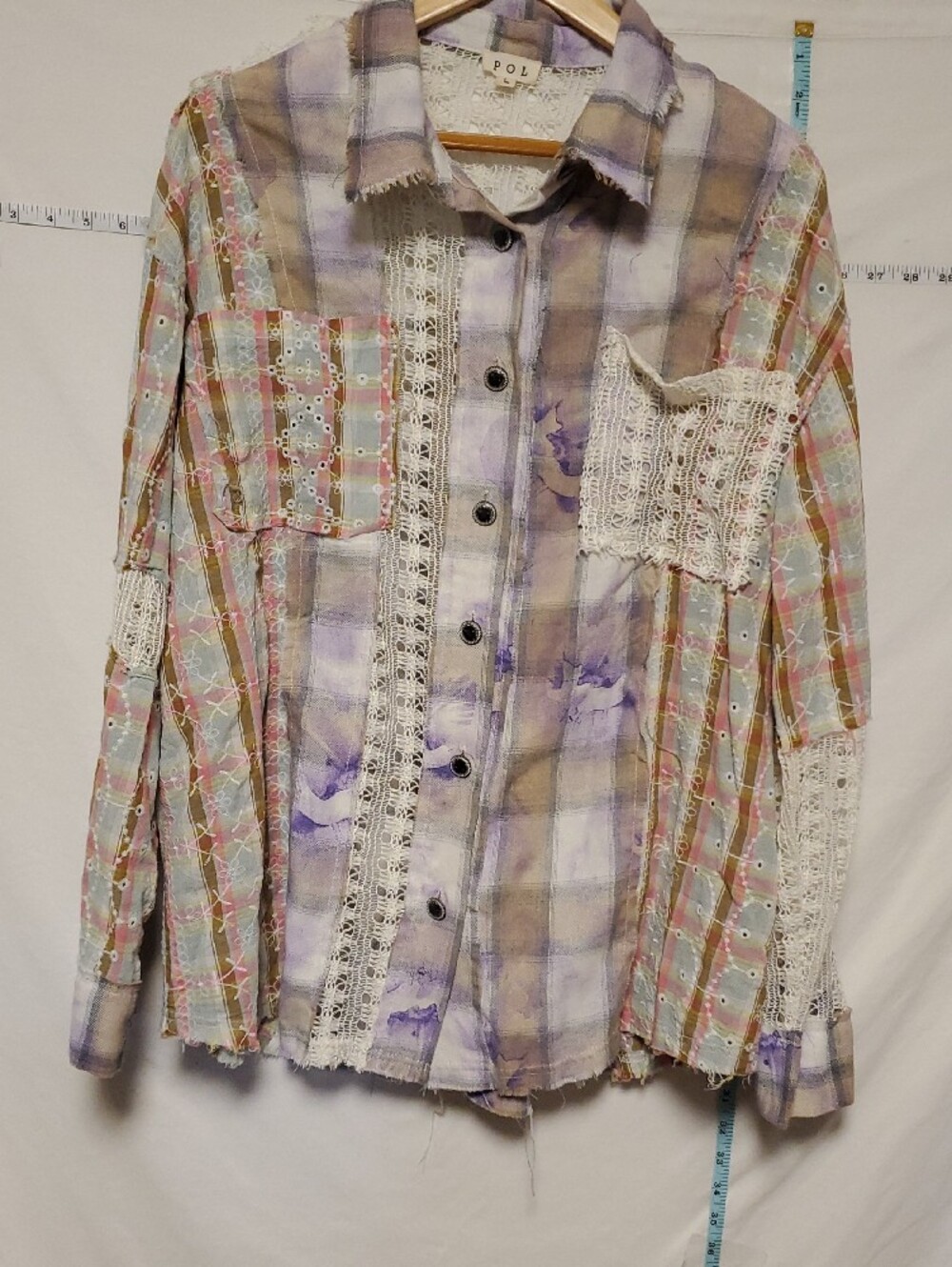 POL Lavender Multi Plaid Crochet-Trim Button Down Shirt XL Boho Coastal Western